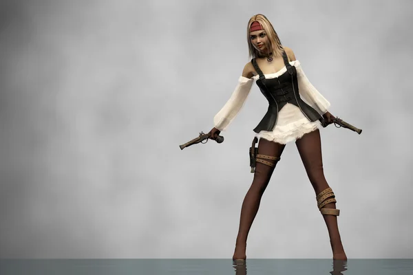 Pirate girl standing with guns — Stock Photo, Image