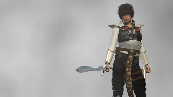 Menina guerreira em armadura de couro com espada — Fotografia de Stock
