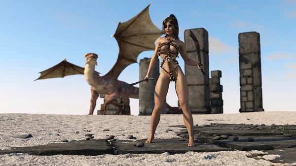 Savaşçı kız ve Dragon — Stok fotoğraf