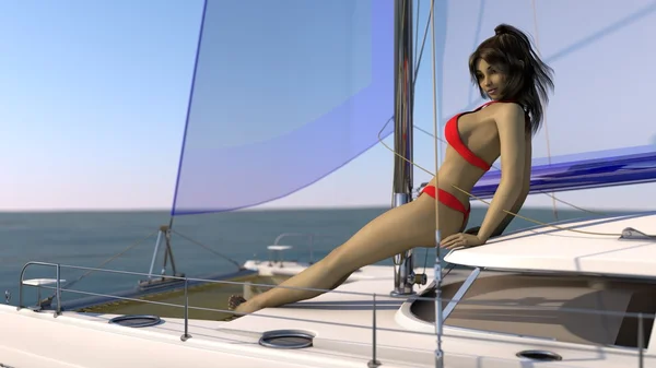 Happy female tourist on sailboat — Stock Photo, Image