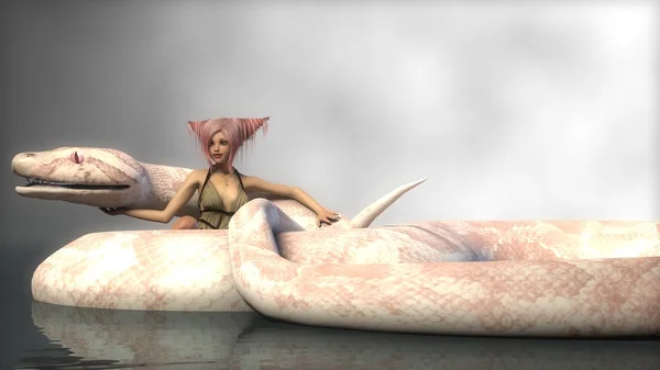 Young elf sitting with snake python — Stock Photo, Image