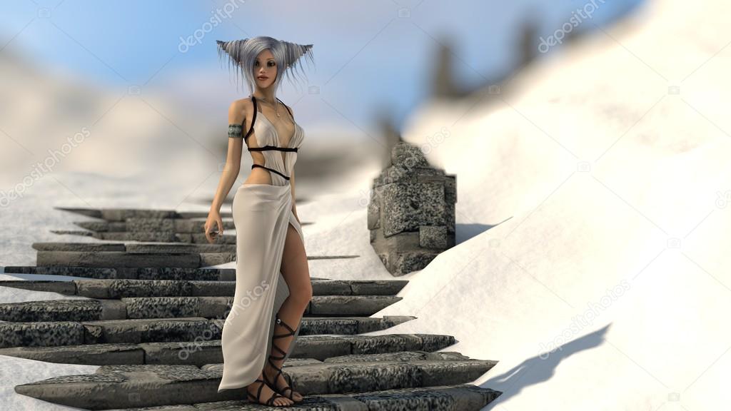 elf girl stands on ruined stairs