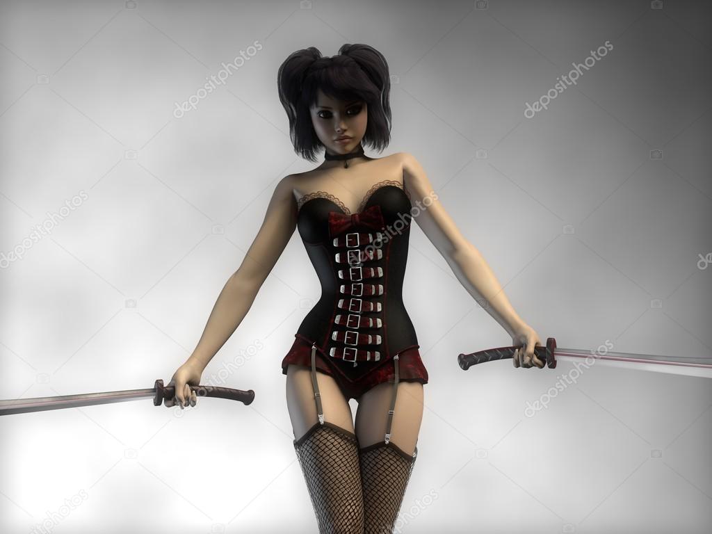 Gothic girl in corset with swords