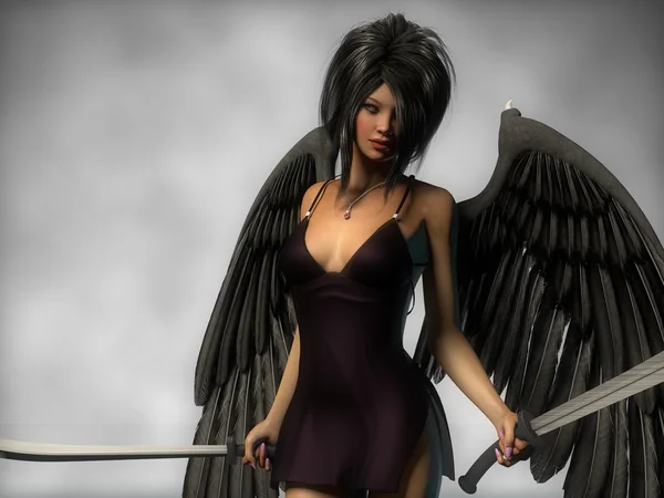 Czarny anioł stojący z szablami — Zdjęcie stockowe