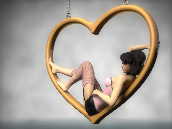 Girl lies in golden heart shape — Stock Photo, Image