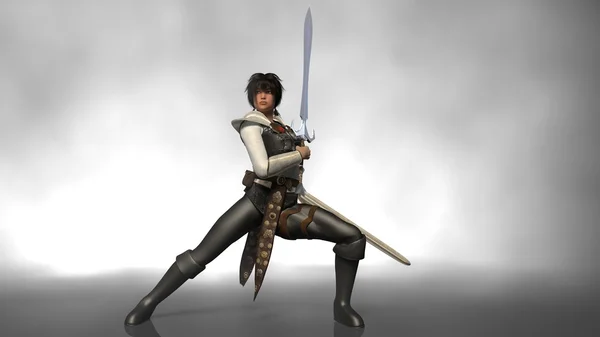 Bojovník dívka v kožené brnění s mečem — Stock fotografie