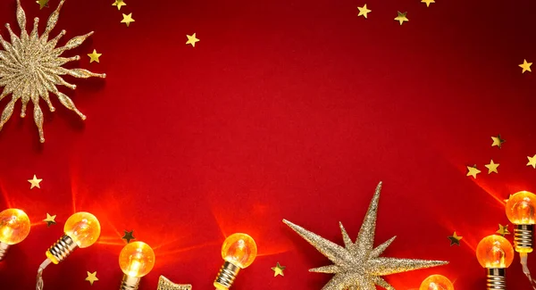 Golden Christmas Tree Decoration Shiny Holidays Lights Red Background — 스톡 사진