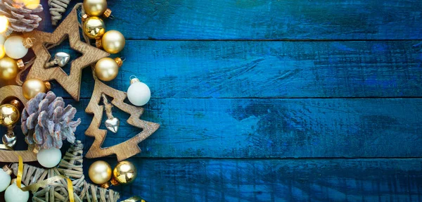 Eine Blue Christmas Banner Hintergrund Mit Handgefertigten Dekoration Sterne Und — Stockfoto