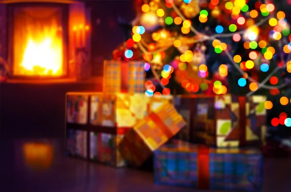 Art Christmas scene with tree gifts and fire in background — Stock Photo, Image