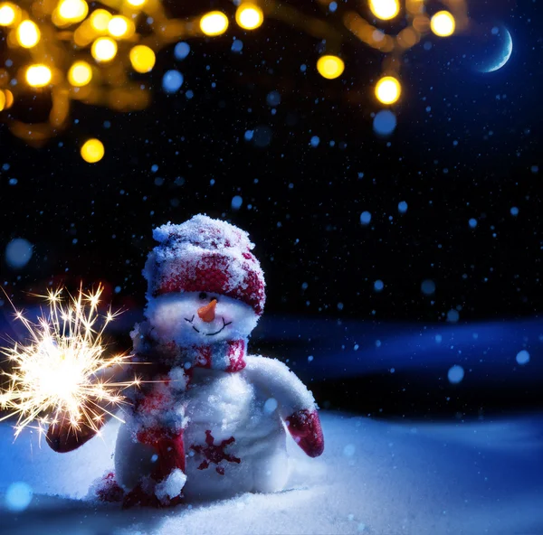 Art Christmas night - background with  snowman in the snow — Stock Photo, Image