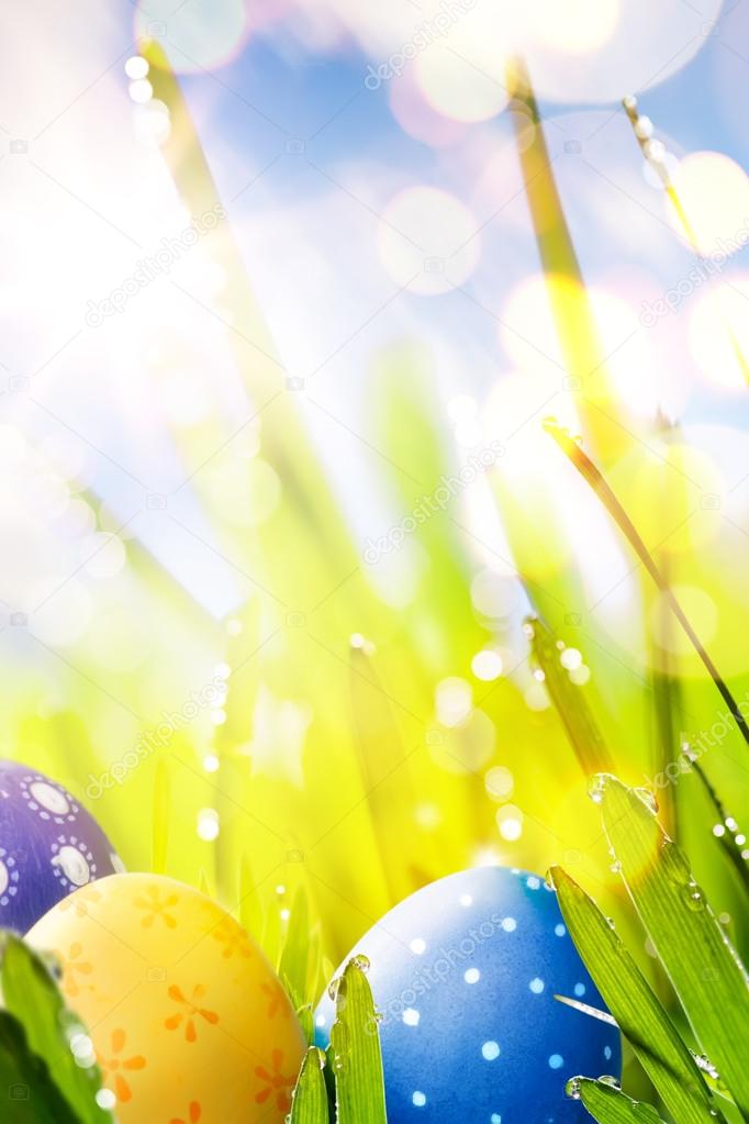 art Colorful Easter eggs decorated  in the grass on blue sky bac