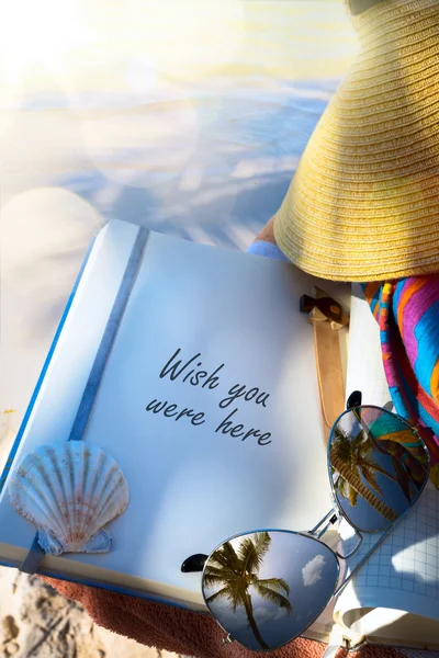 Art Straw hat , book and Sunglasses on the beach — Stock Photo, Image