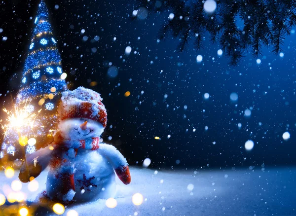 Art Christmas night - background with  snowman in the snow — Stock Photo, Image