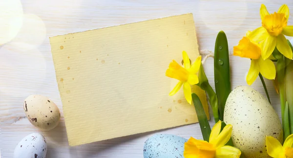 Arte Pascua Fondo con huevos de Pascua y flores de primavera — Foto de Stock