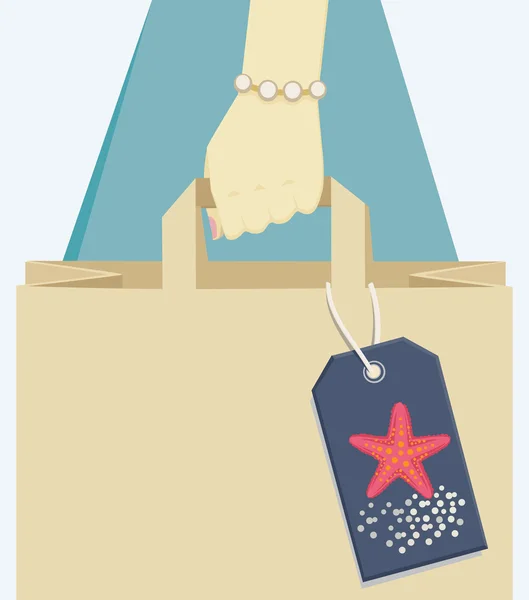 Bolsa de papel etiquetada con una estrella de mar, símbolo del verano — Vector de stock