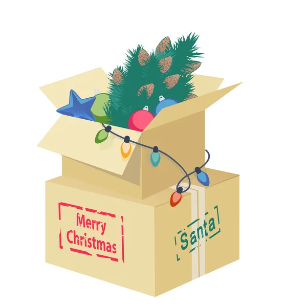 Κουτί από χαρτόνι με Χριστουγεννιάτικα διακοσμητικά παιχνίδια — Διανυσματικό Αρχείο