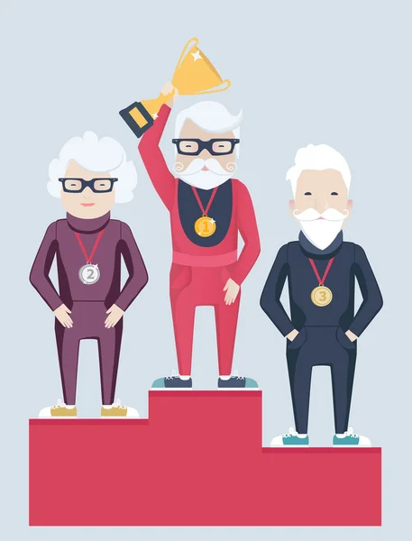 Bir kazanan podyum üzerinde üç yaşlı insanlar — Stok Vektör