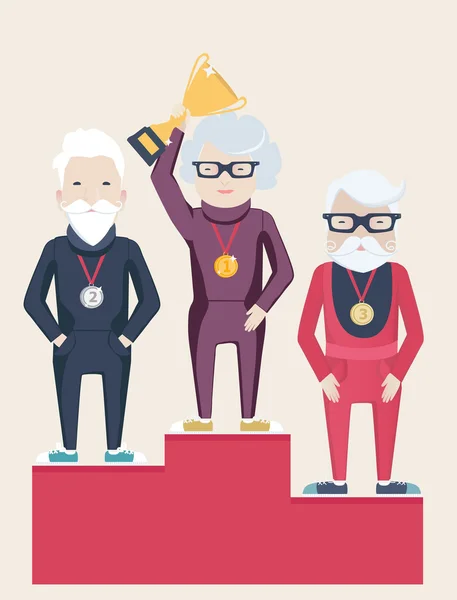 Tres personas mayores en un podio de ganadores — Vector de stock