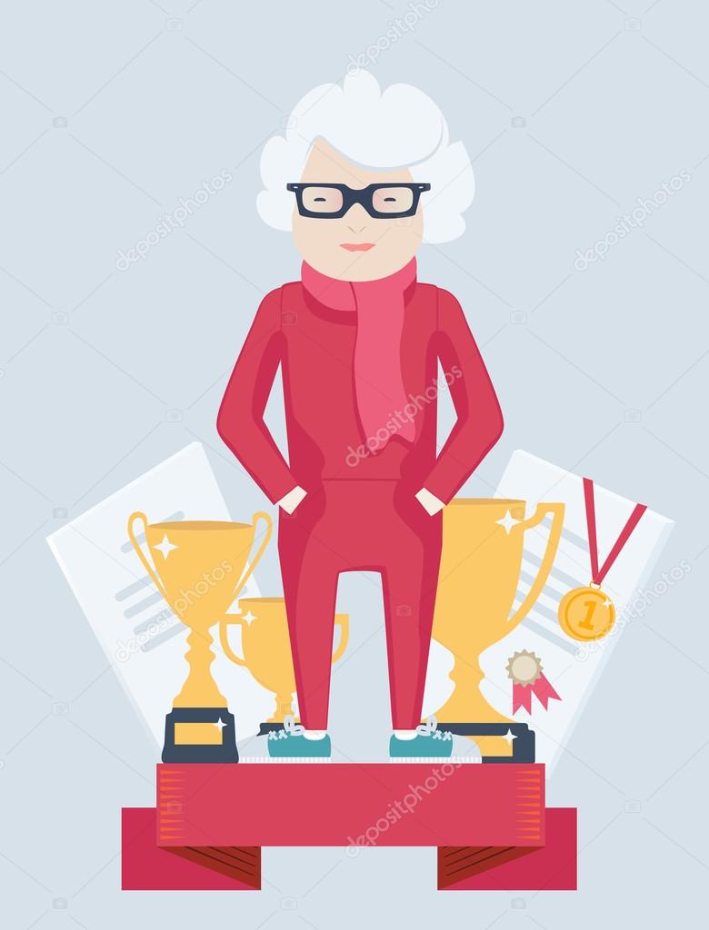 Elderly woman on a winners podium