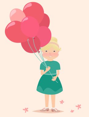Kırmızı ve pembe balonlar Holding cartooned genç kız