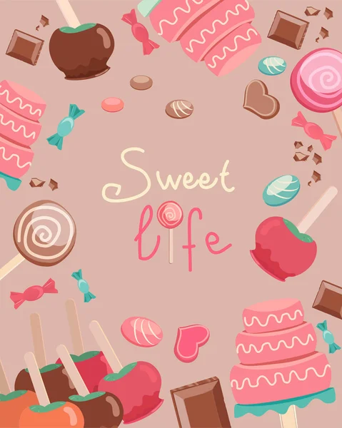 Sweet Life Text umgeben von Süßigkeiten Grafiken — Stockvektor