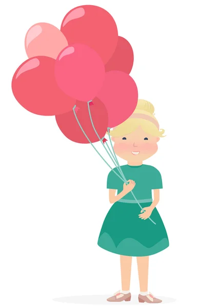 Cartooned Young Girl Holding Red and Pink Balloons — Stock Vector