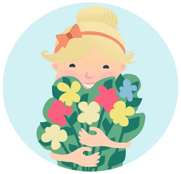Pretty Smiling Young Girl with Bouquet of Flowers — Stock Vector