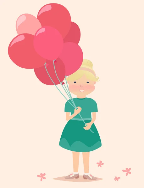 Jeune fille dessinée tenant des ballons rouges et roses — Image vectorielle