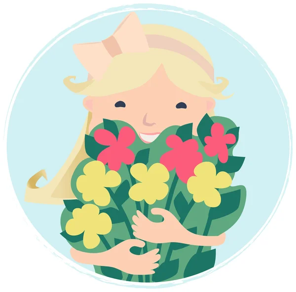 Pretty Smiling Young Girl with Bouquet of Flowers — Stock Vector