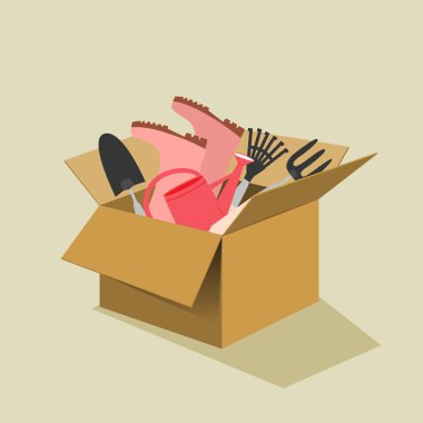 Cardboard box filled with garden tools clipart