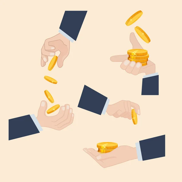 Várias poses de uma mão que mantém moedas de ouro — Vetor de Stock
