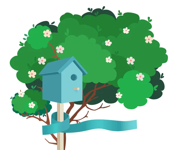 Niebieski birdhouse na kwitnących drzew — Wektor stockowy