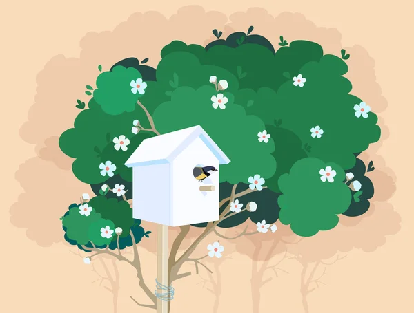 Una caja de anidación blanca en un árbol en flor — Vector de stock