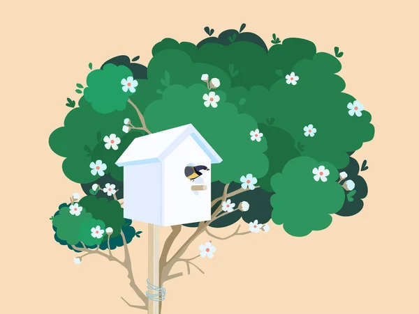 A white nesting box on a blossoming tree — Stock Vector