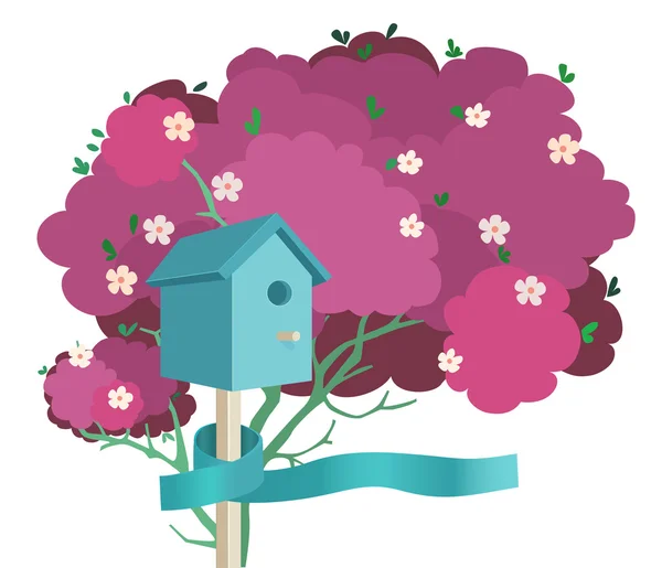 Uma casa de pássaros azul em uma árvore florescente — Vetor de Stock