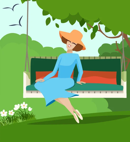Mujer elegante sentada en un columpio de jardín — Vector de stock