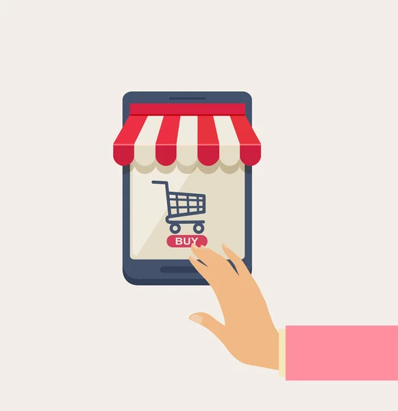Online Shopping koncept med Hand på telefon — Stock vektor