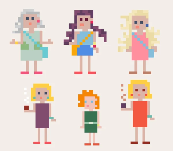 Set of six female pixel people — Stock Vector