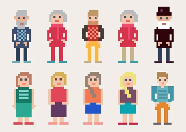 Gran conjunto de diferentes personas de píxeles — Vector de stock