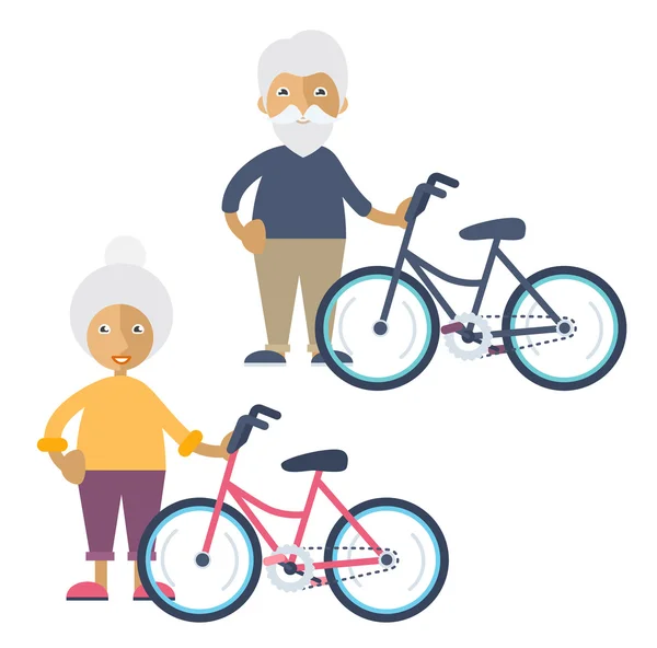 Dos ancianos de pie junto a sus bicicletas — Vector de stock