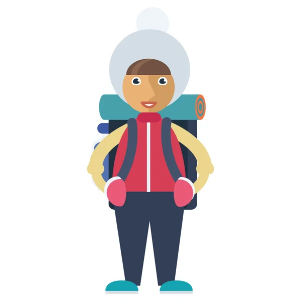 Una chica equipada para acampar en invierno — Vector de stock