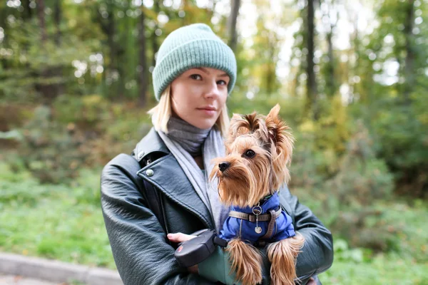 A beautiful girl in the park with a dog — Stock Photo, Image