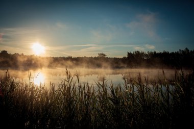 Göl üzerinde güzel misty gündoğumu