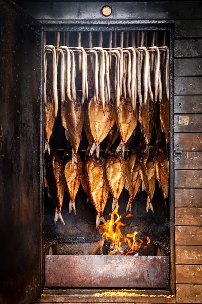 Smoking Fish Filets Hanging Side Side Smoker — Stock Photo, Image