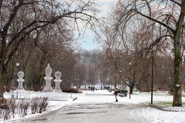 Vilnius, Lithuania - January 1, 2021: Bernardinai Garden in winter covered with white snow.