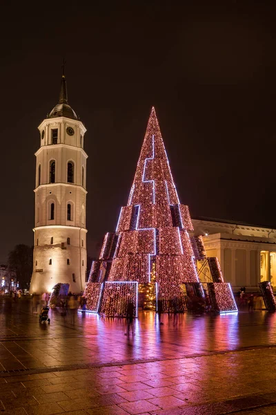 Vilnius Litauen Dezember 2020 Nachtansicht Des Wichtigsten Weihnachtsbaums Von Vilnius — Stockfoto