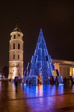 Vilnius, Litvanya - 13 Aralık 2020: Litvanya 'nın başkenti Vilnius' un ana Noel ağacının gece manzarası. Katedral Meydanı 'nda, Katedral ve çan kulesinin yanında yer alır..