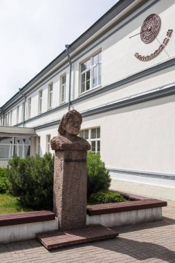 Panevezys, Litvanya - 23 Temmuz 2017: Gabriele Petkevicaite-Bite 'ın Granit büstü, Litvanyalı yazar ve aktivist Panevezys Juozas Balcikonis Spor Salonu yakınlarında. Heykeltıraş Bernardas Bucas, 1971.