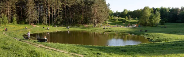2021年5月26日 立陶宛维尔纽斯 人们在立陶宛维尔纽斯Seskines Ozas公园的Seskiukas冰川湖畔放松下来 — 图库照片