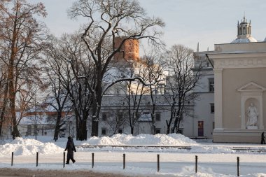 Vilnius, Litvanya - 11 Ocak 2026: Arka planda tarihi Gediminas Kalesi Kulesi ve Grand Dük Sarayı ile karla kaplı bir Katedral Meydanı 'nda bir kişi yürüyor.